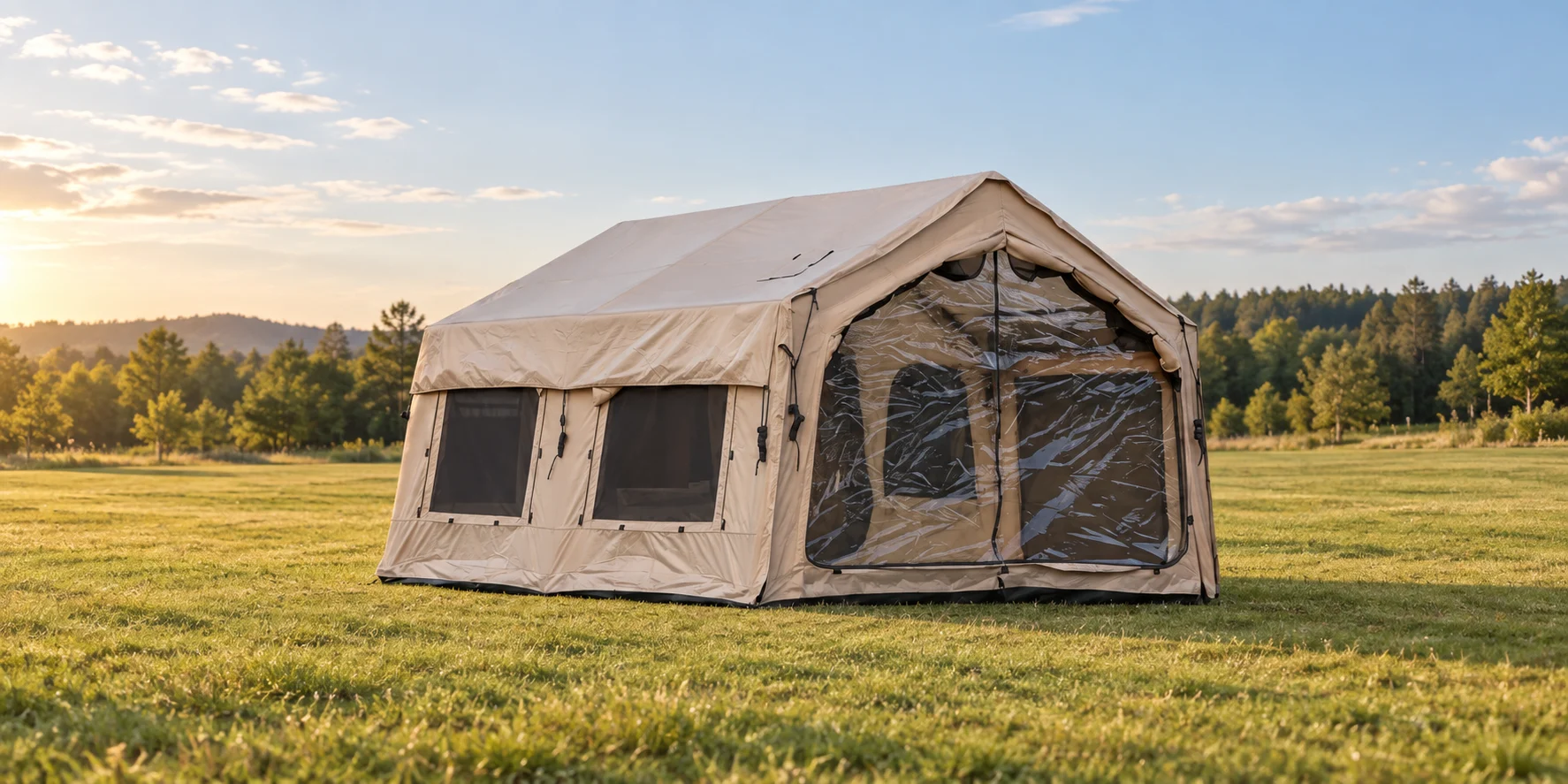 Beige inflatable camping tent displayed in a clean outdoor field
