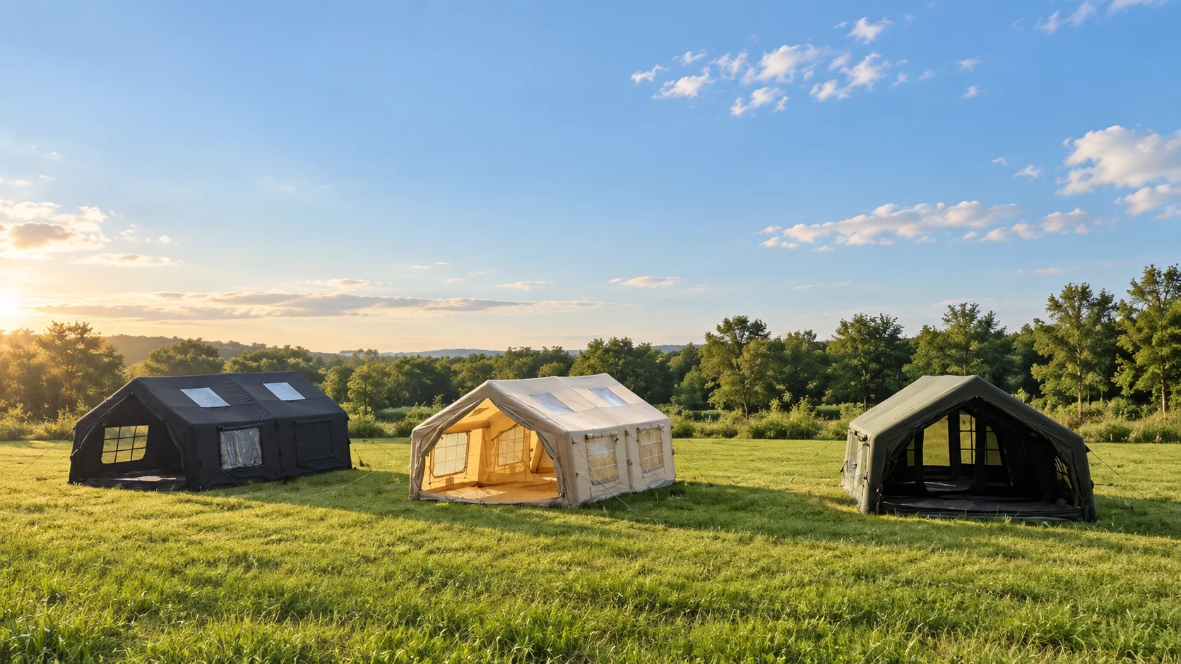 Three inflatable camping tent concepts displayed in a clean outdoor field