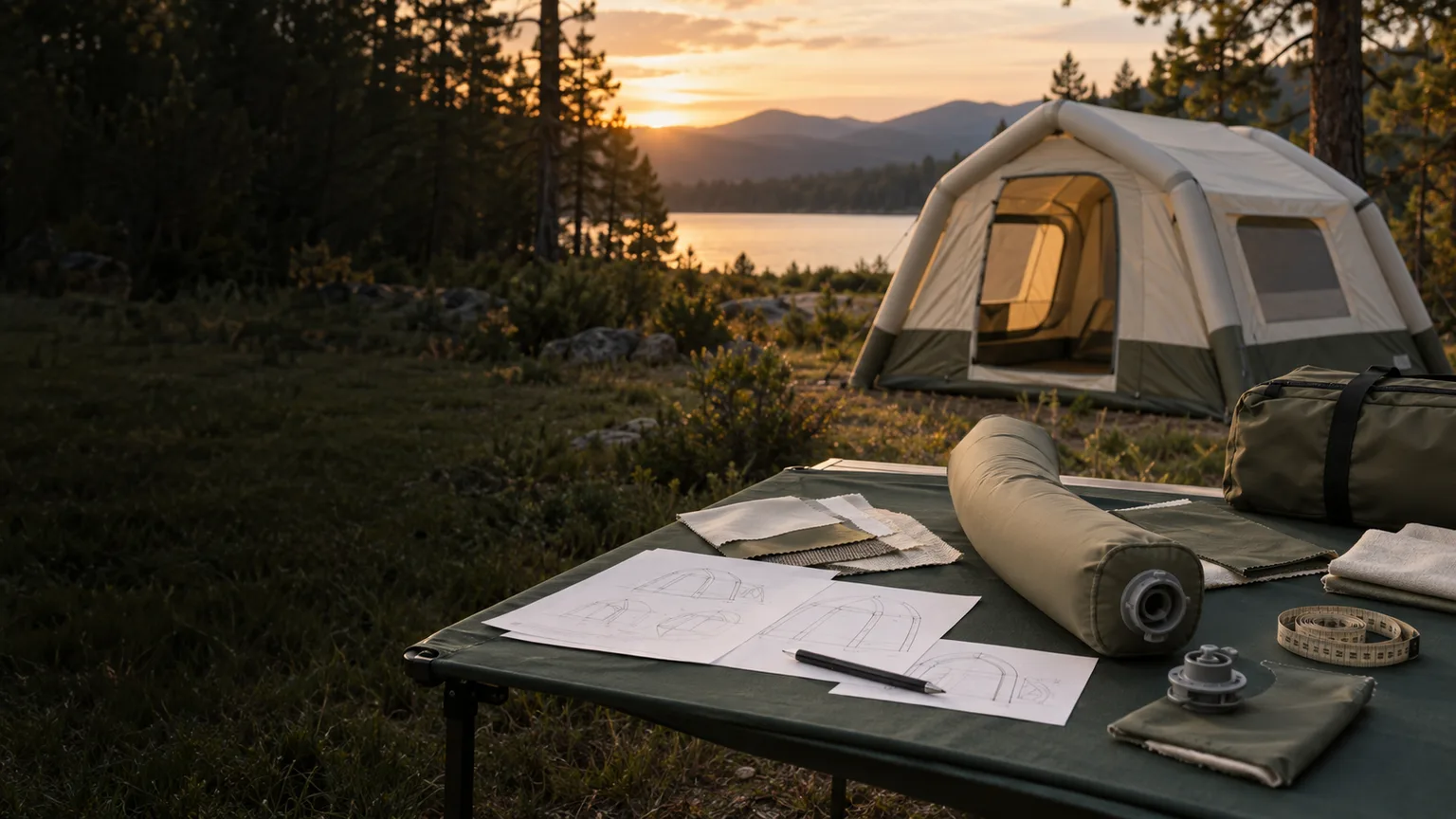 Illustrative inflatable tent development setup with drawings, fabric swatches, valve and flexible air-beam sample at a campsite