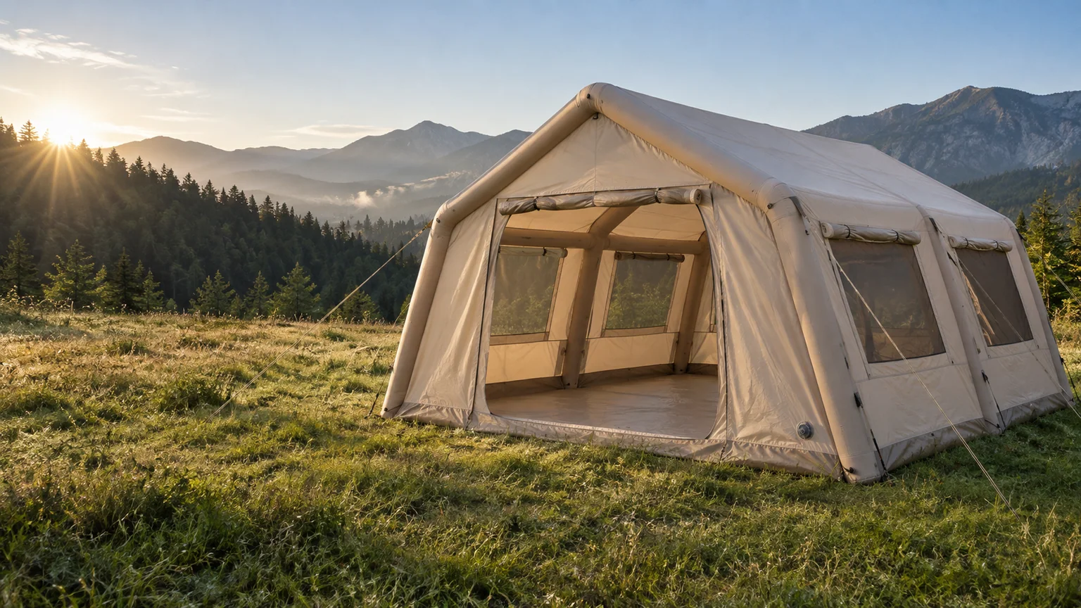 Illustrative beige inflatable camping tent in a mountain meadow