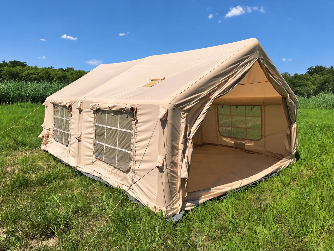 LT-18.16 inflatable camping tent with side windows and an open front entrance