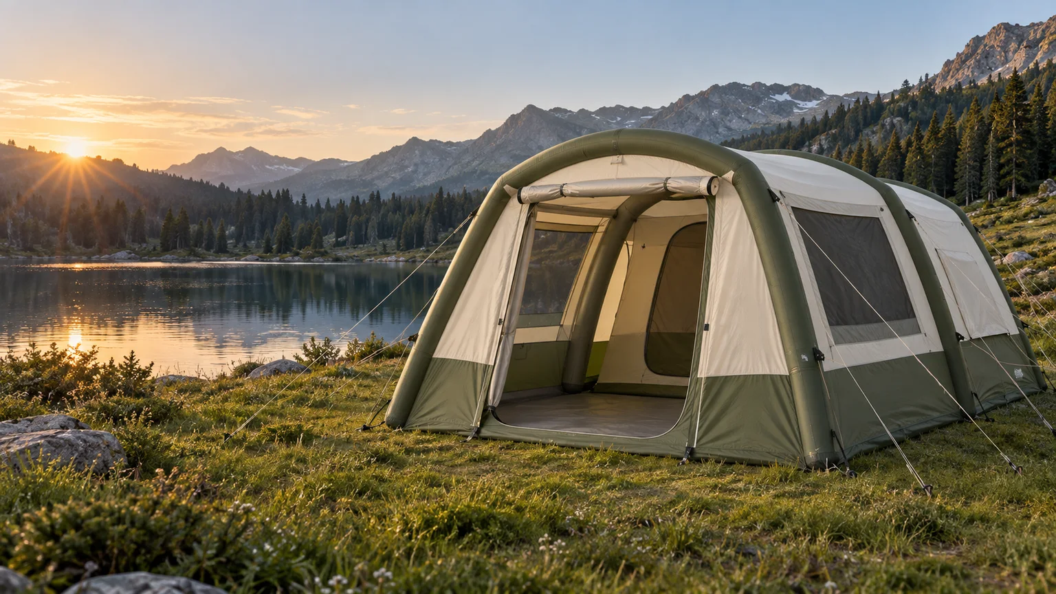 Illustrative cream and olive inflatable family tent beside an alpine lake at sunrise