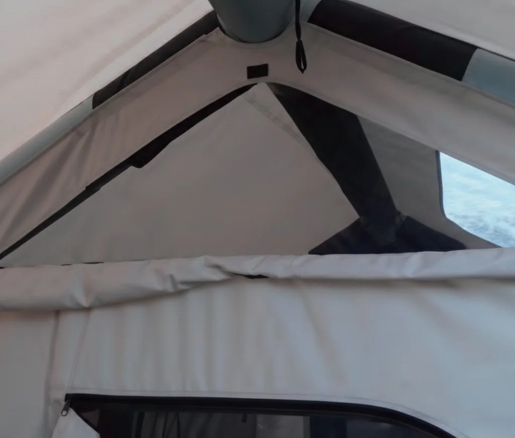 Interior roof junction of a twelve point eight square metre inflatable family tent