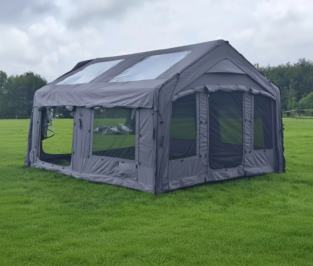 Grey twelve point eight square metre inflatable family tent with side openings