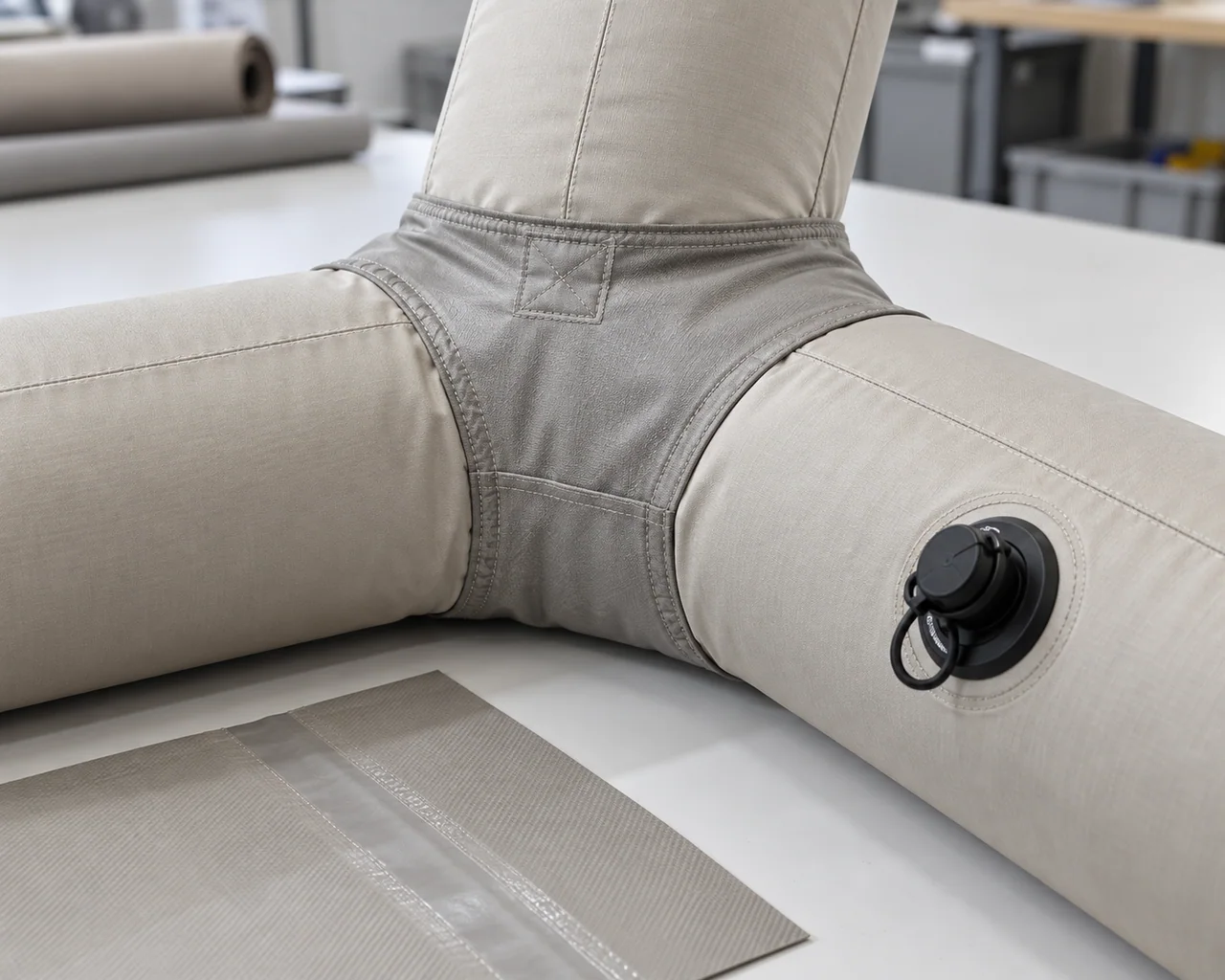 Illustrative fabric-covered inflatable air-beam junction with valve and seam sample