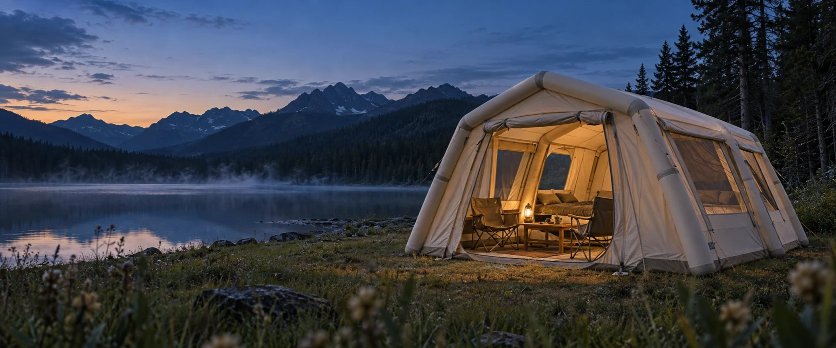 Family inflatable camping tent glowing beside a mountain lake at blue hour